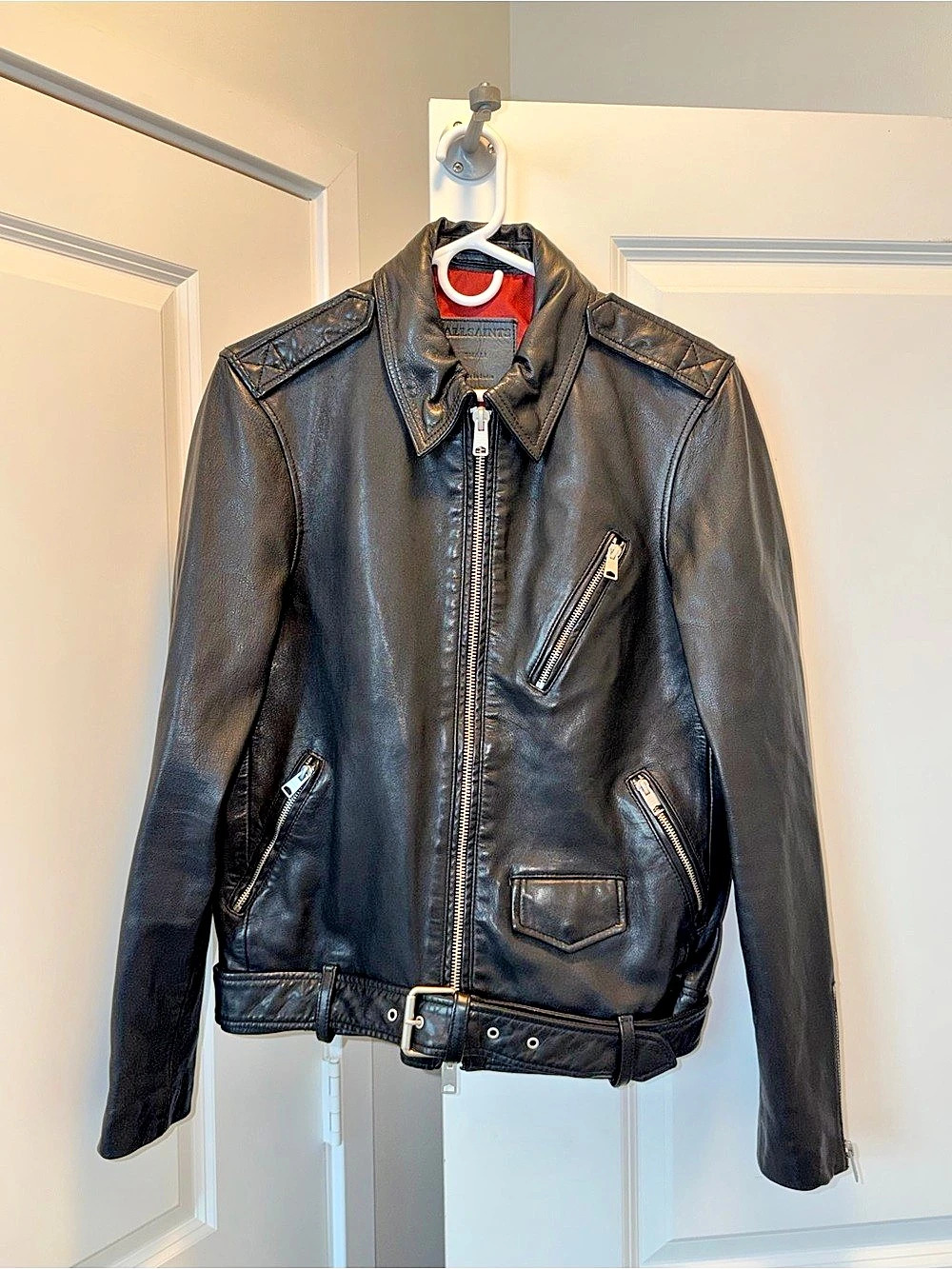 AllSaints Monza Men's Black Leather Biker Moto Jacket Size S